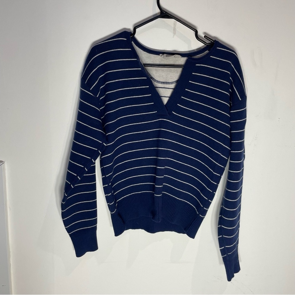 Everlane Navy and White V-Neck Sweater